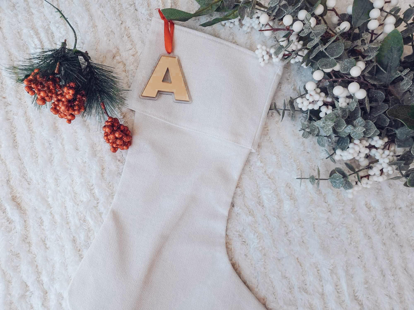 Linen Christmas Stocking with double layered initial tag