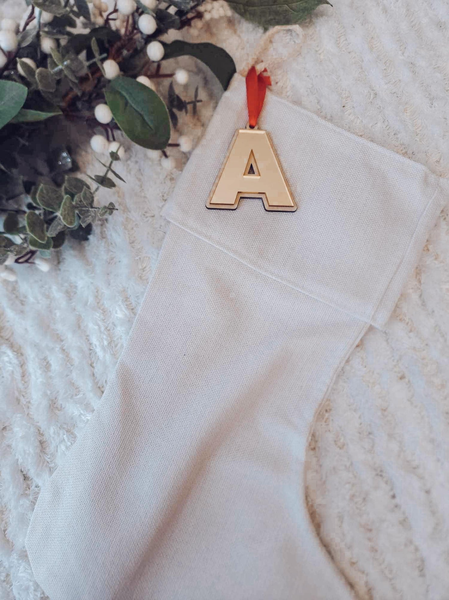 Linen stocking with double layered wood & acrylic Tag