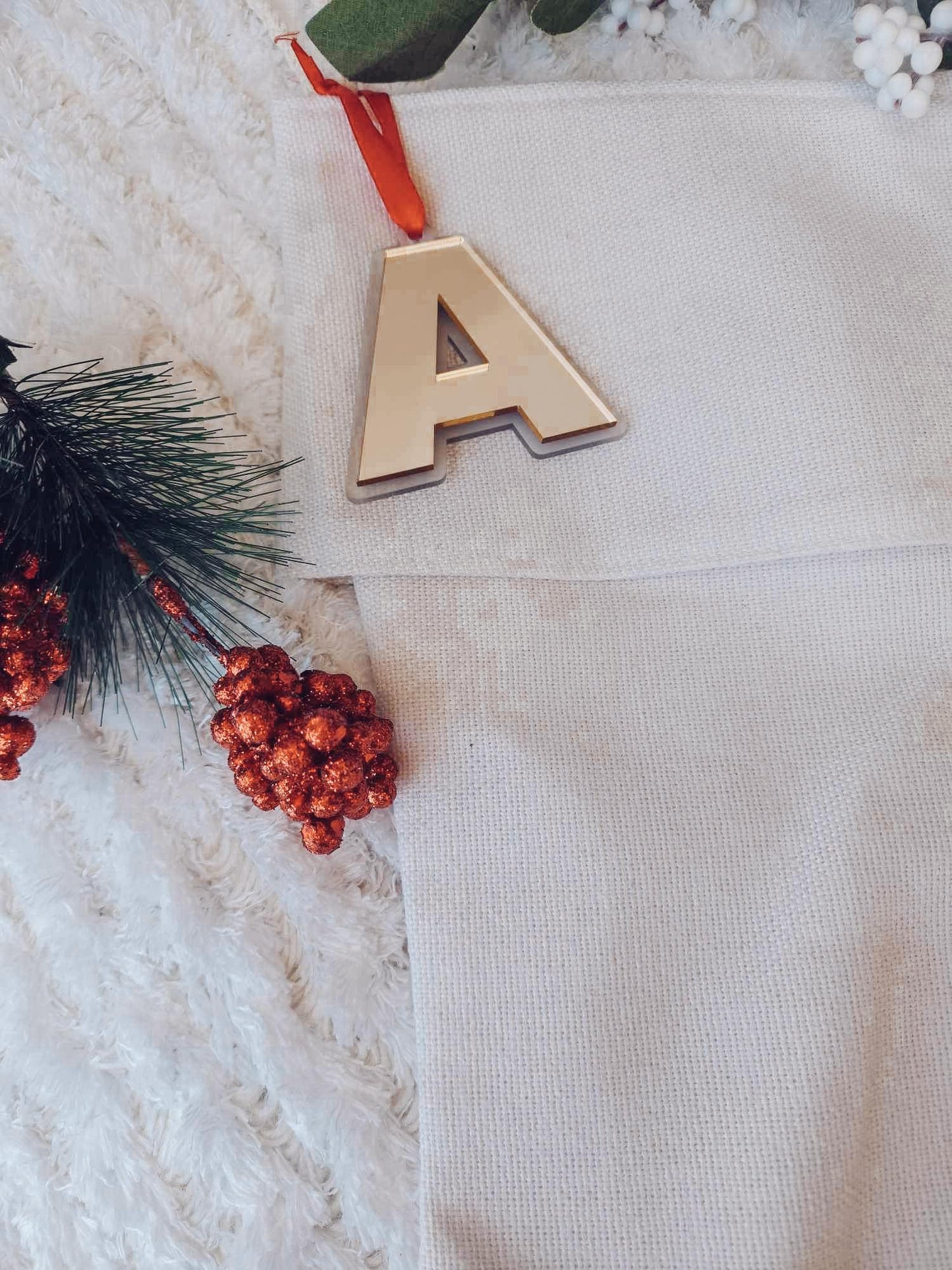 Linen Christmas Stocking with double layered initial tag