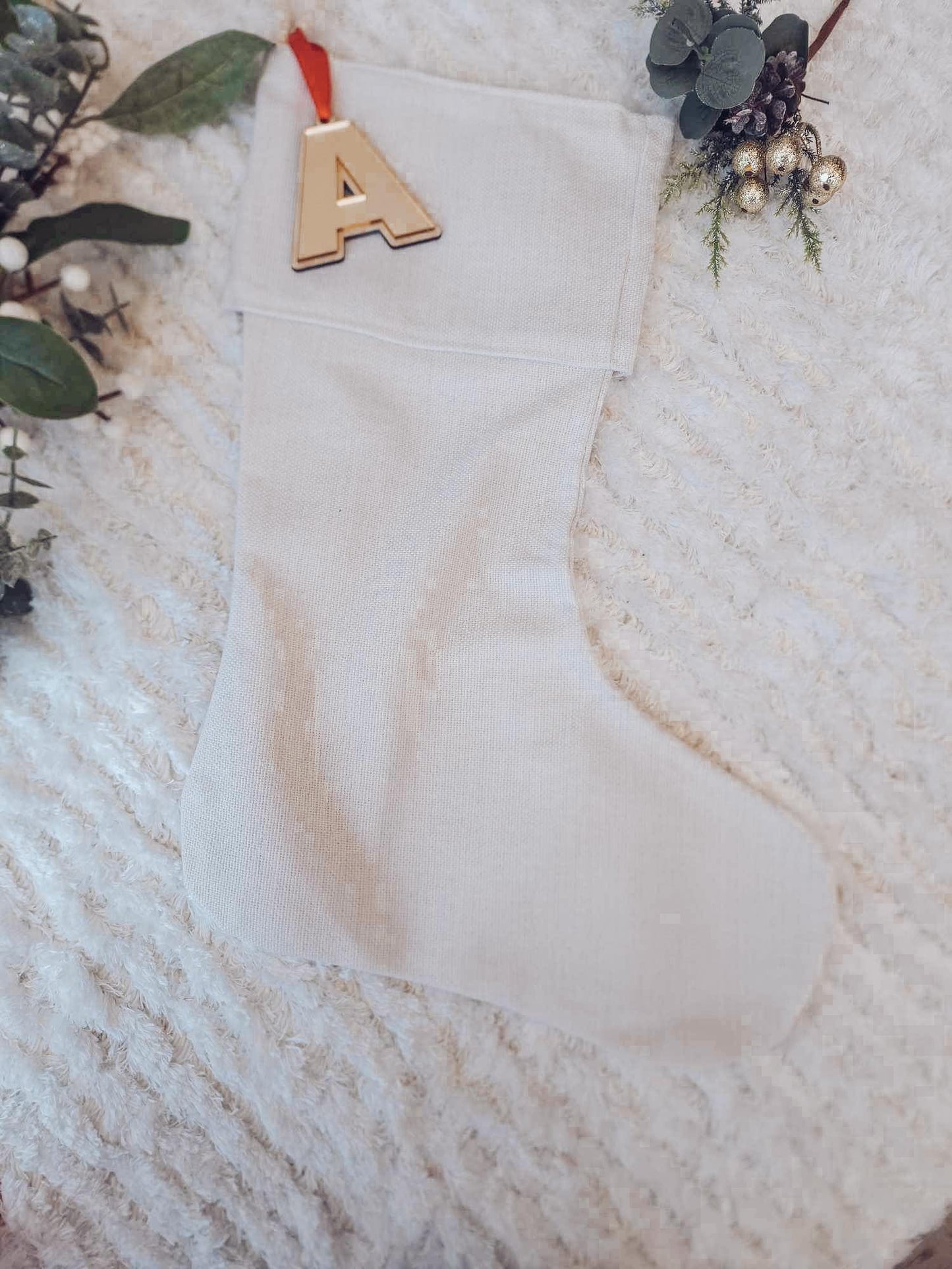 Linen stocking with double layered wood & acrylic Tag