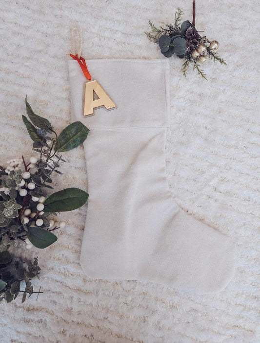 Linen Christmas Stocking with double layered initial tag